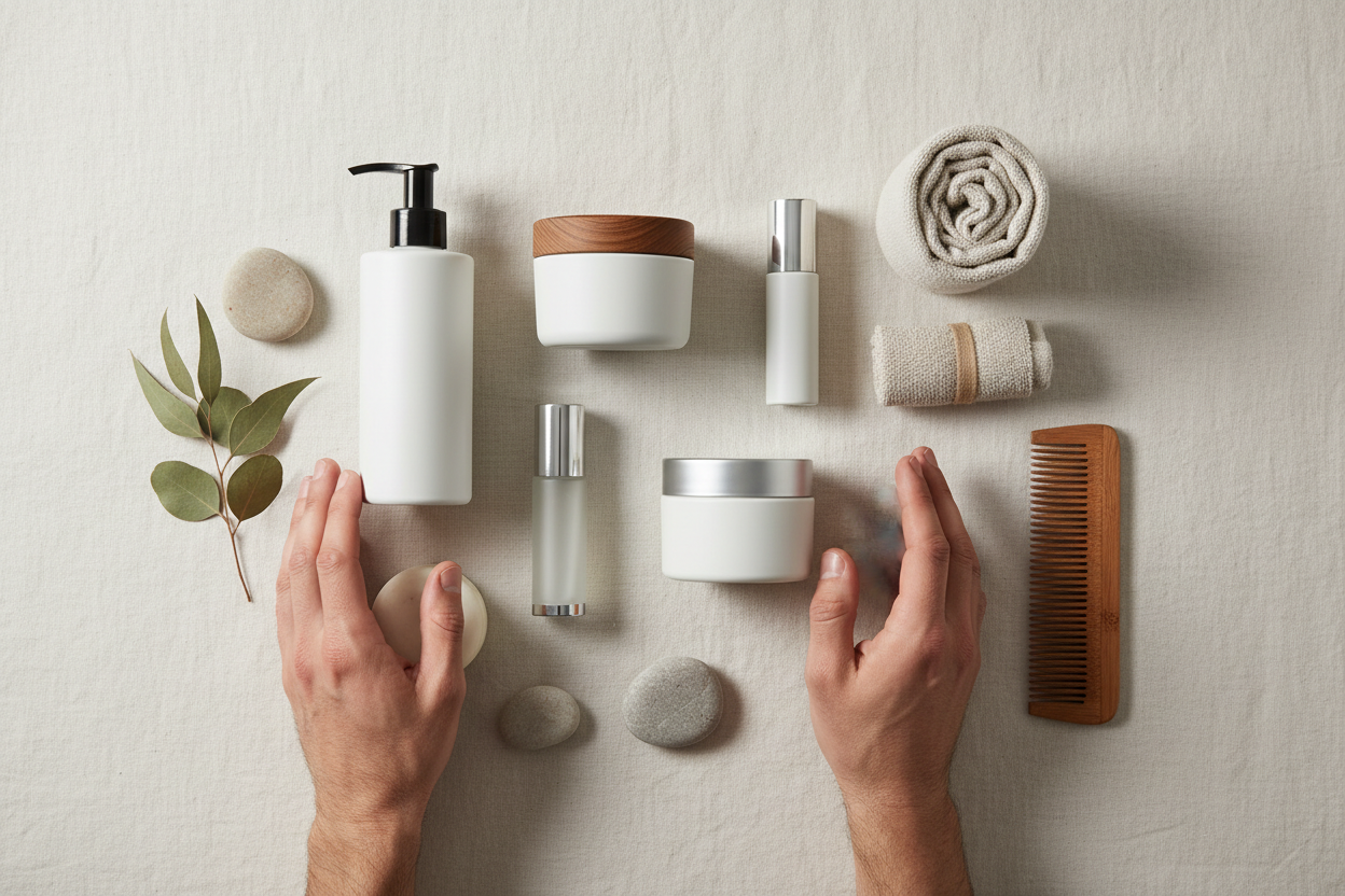 Flat lay of men’s grooming and skincare essentials including soap, beard care, hair styling products, and accessories arranged on a neutral background.
