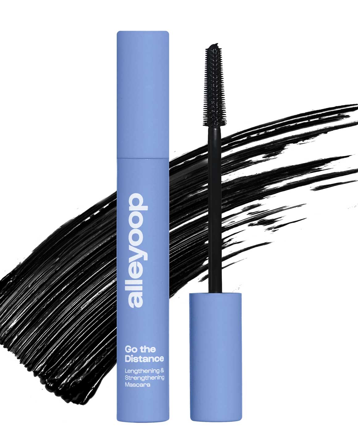A tube of Alleyoop tubing mascara with a swatch of black mascara extending from it, indicating the product's color and texture.