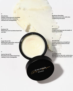 A black round jar of Blind Barber Beard Balm with white balm inside, surrounded by ingredient callouts and a smear of white beard product on a white background.
