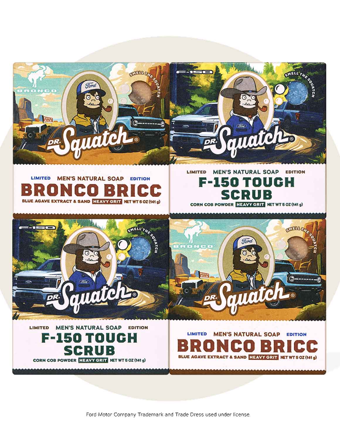 Dr. Squatch Limited Edition Ford Rugged and Ready Soap Bars 4-Pack – includes F-150 Tough Scrub with corn cob powder and Bronco Bricc with blue agave extract and sand for heavy grit exfoliation.