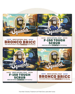 Dr. Squatch Limited Edition Ford Rugged and Ready Soap Bars 4-Pack – includes F-150 Tough Scrub with corn cob powder and Bronco Bricc with blue agave extract and sand for heavy grit exfoliation.