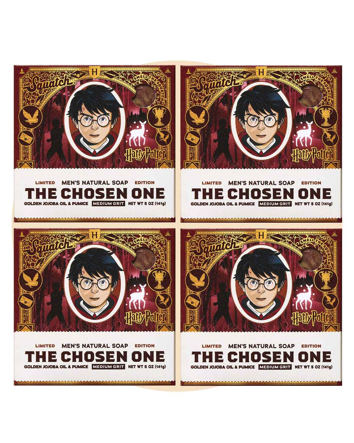 Dr. Squatch Limited Edition The Chosen One Soap Bars 4-Pack – Harry Potter-inspired natural men’s soap with golden jojoba oil and pumice medium grit exfoliation.