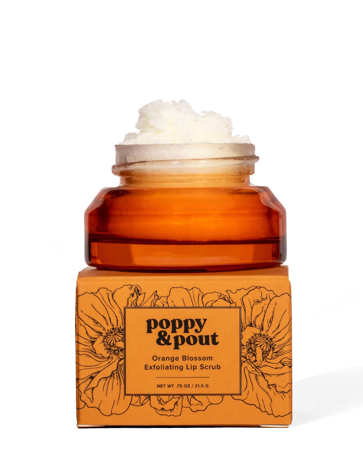 Poppy & Pout Orange Blossom Exfoliating Lip Scrub in an amber glass jar with a white scrub pile on top, shown with its orange illustrated box on a white background.